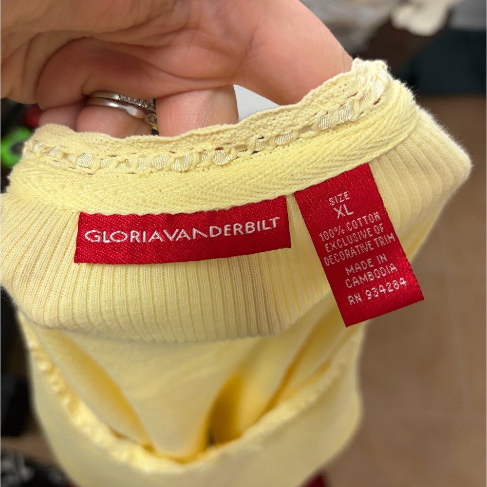 Vintage Y2K Gloria Vanderbilt Pastel Butter Yellow Ribbed Lace Trim Top XL - Picture 5 of 8